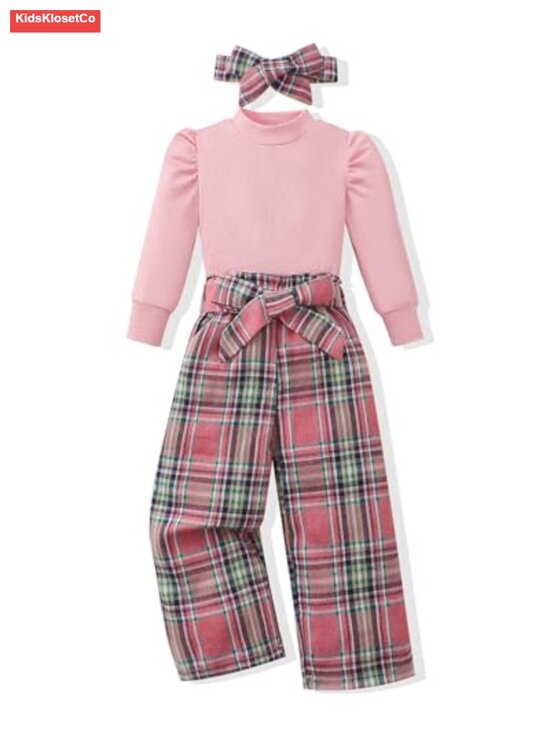 Other - Girls Plaid 2 Piece Outfit Set Puff Sleeve Pullover and Pants Kids Clothing